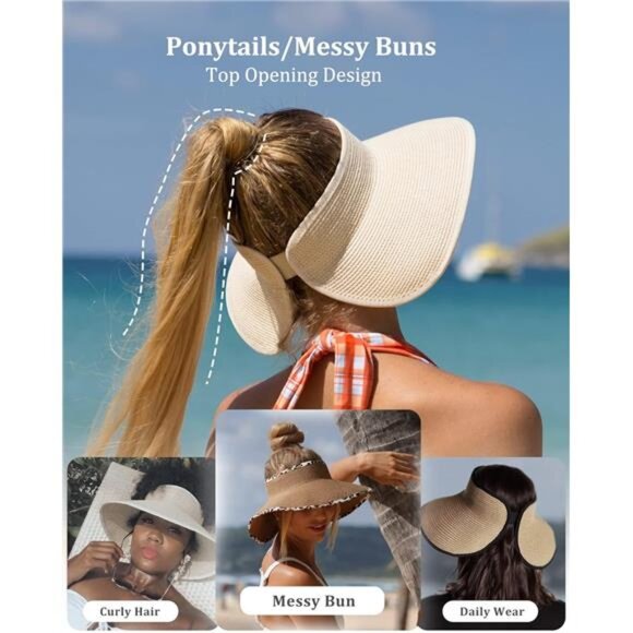 Sun Visor Hats for Women Wide Brim Straw Roll-Up Ponytail Summer Beach Hat - Picture 3 of 7